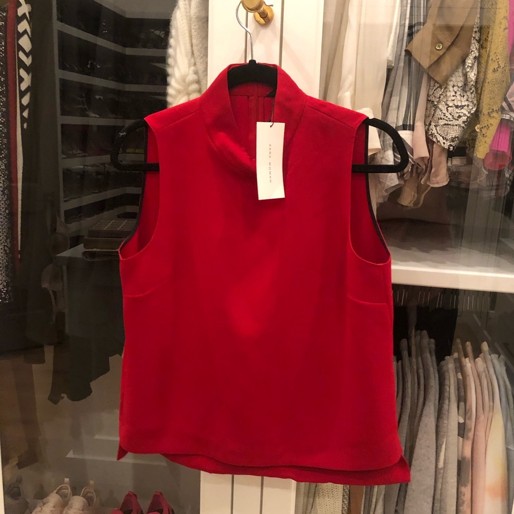 Zara- Red sleeveless mock turtleneck blouse